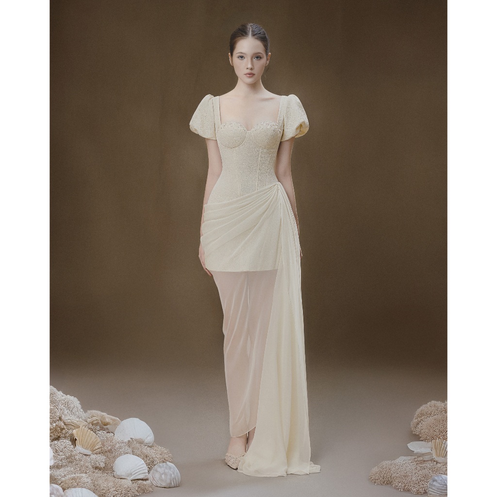 Mina – Đầm dạ hội lưới ánh kim vai phồng sang trọng