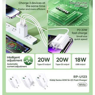 Cốc sạc nhanh 3 cổng REMAX RP-U123 chân dẹp US, 2 cổng TypeC, 1 cổng USB-A, Max 40W (Trắng) - Phụ Kiện Nhất Tín