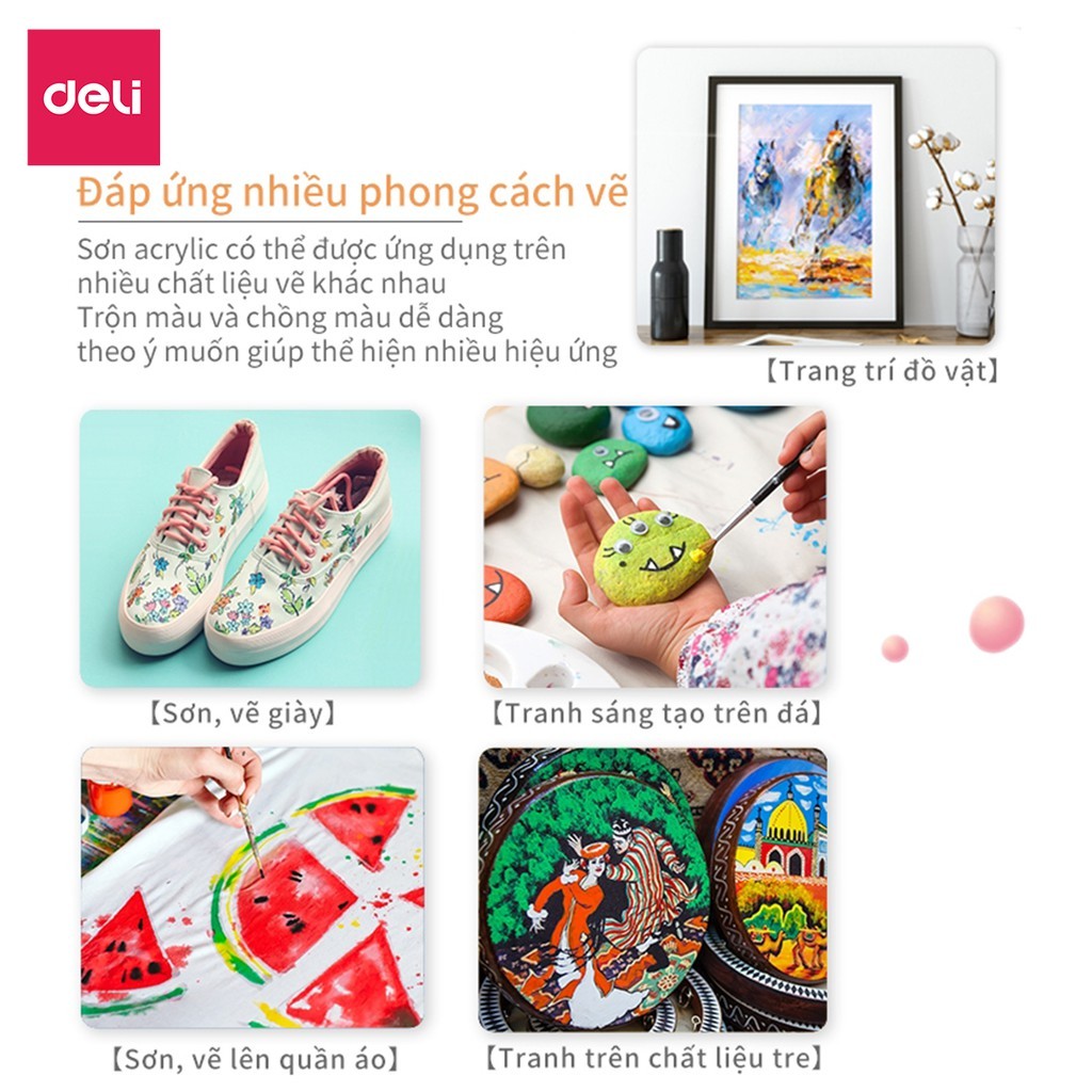Màu vẽ acrylic dạng tuýp 12ml/5ml chuyên nghiệp Deli vẽ vải / quần áo / giày 12/18/24/36 màu