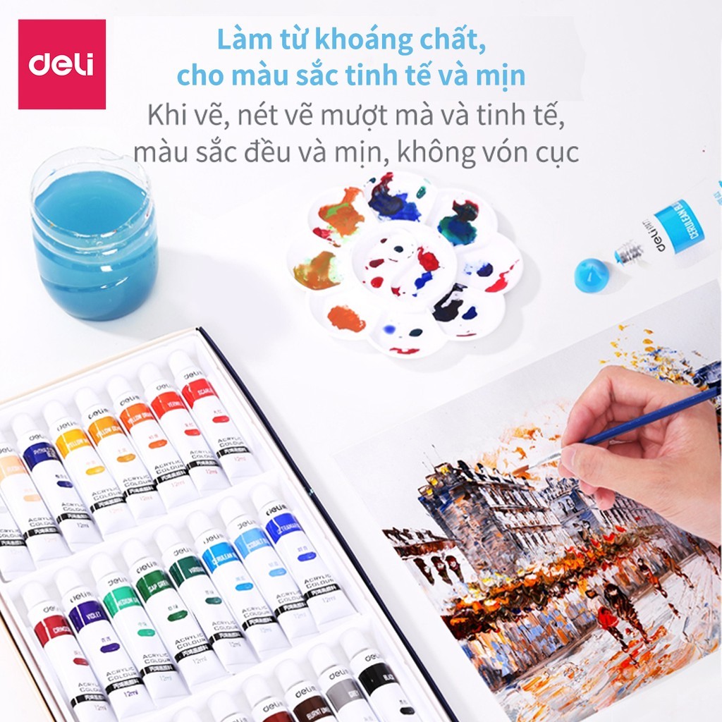 Màu vẽ acrylic dạng tuýp 12ml/5ml chuyên nghiệp Deli vẽ vải / quần áo / giày 12/18/24/36 màu