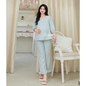 Larosa Bộ Đồ Bầu Dài Tay Cổ Tròn Viền Bèo Ren Chất Liệu Đũi Mềm Cao Cấp - LA030B