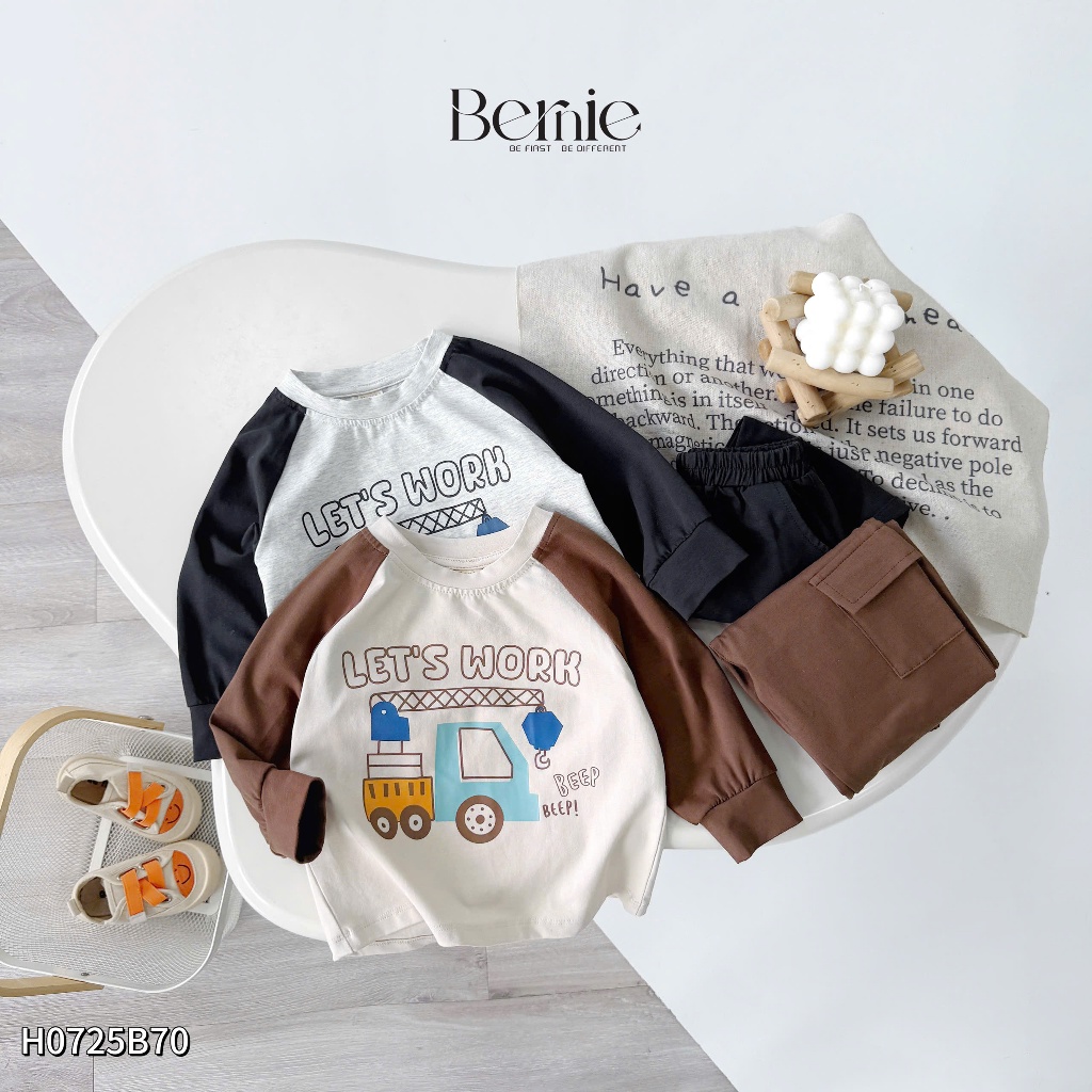 Bộ cotton dài tay in ô tô let's work cá tính cho bé trai, bộ thun cotton cổ tròn dày dặn mềm mịn H0725B70