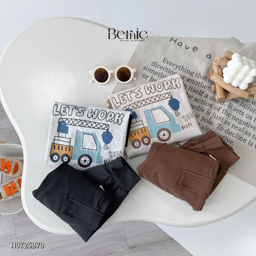 Bộ cotton dài tay in ô tô let's work cá tính cho bé trai, bộ thun cotton cổ tròn dày dặn mềm mịn H0725B70