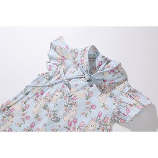 Váy Bé Gái Thiết Kế Cổ Tàu, Tay Cánh Tiên Họa Tiết Thỏ Đáng Yêu Chất Liệu Cotton Mềm Mại