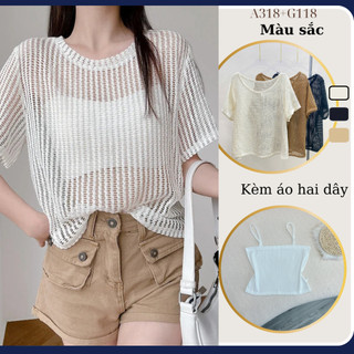 Áo Lưới Bigsize Nữ Ngắn Tay Cổ Tròn Phối Áo Dây Croptop Bên Trong  Dễ Phối Đồ  Siêu Xinh 50-92kg- A318+G118