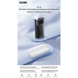 [Có 3C] Cục Tích Điện Remax FC-12 20000mAh, USB-A QC 22.5W, TypeC PD 20, Kèm 3 cáp sạc, Đèn pin siêu sáng