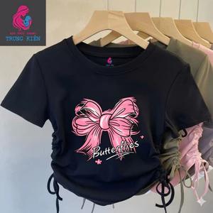 Áo Phông Bé Gái Rút Dây Vạt Tròn – Hình Nơ Hồng Butterflies Dễ Thương, Cotton Êm Ái Thoáng Mát (M 306)