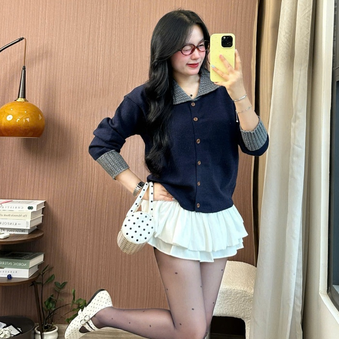 Áo khoác cardigan nữ len dáng rộng cổ ve tay trắng đẹp chuẩn Hàn trẻ trung năng động Joolate 1536 P7K3