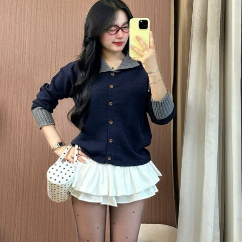 Áo khoác cardigan nữ len dáng rộng cổ ve tay trắng đẹp chuẩn Hàn trẻ trung năng động Joolate 1536 P7K3