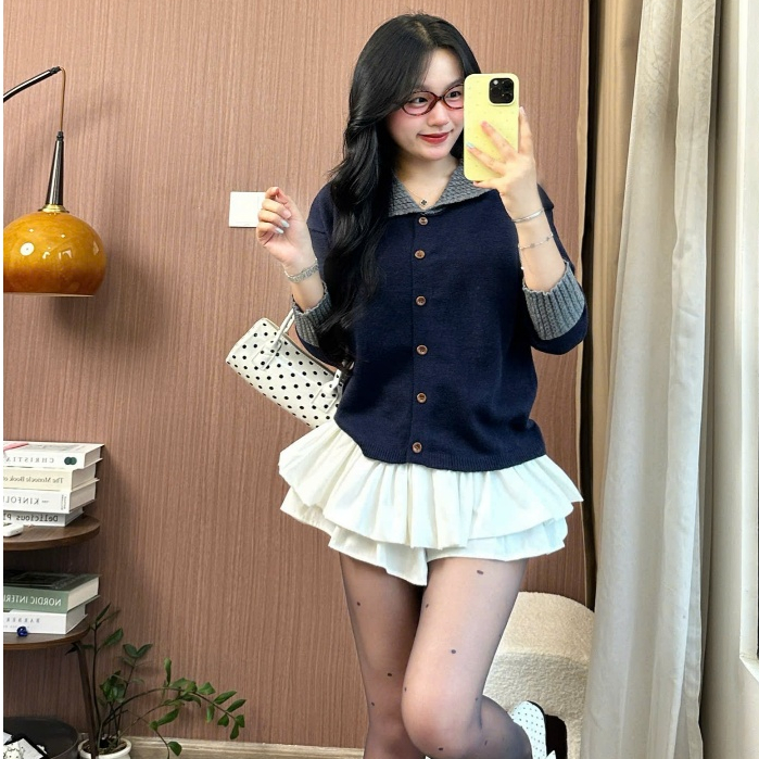 Áo khoác cardigan nữ len dáng rộng cổ ve tay trắng đẹp chuẩn Hàn trẻ trung năng động Joolate 1536 P7K3