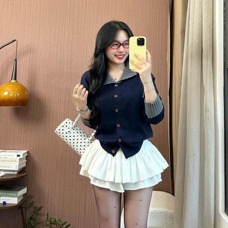 Áo khoác cardigan nữ len dáng rộng cổ ve tay trắng đẹp chuẩn Hàn trẻ trung năng động Joolate 1536 P7K3