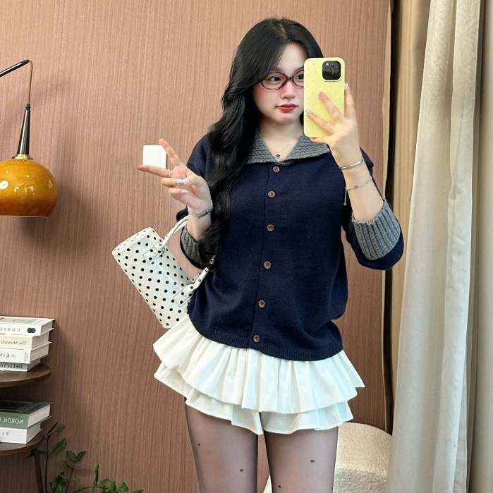 Áo khoác cardigan nữ len dáng rộng cổ ve tay trắng đẹp chuẩn Hàn trẻ trung năng động Joolate 1536 P7K3