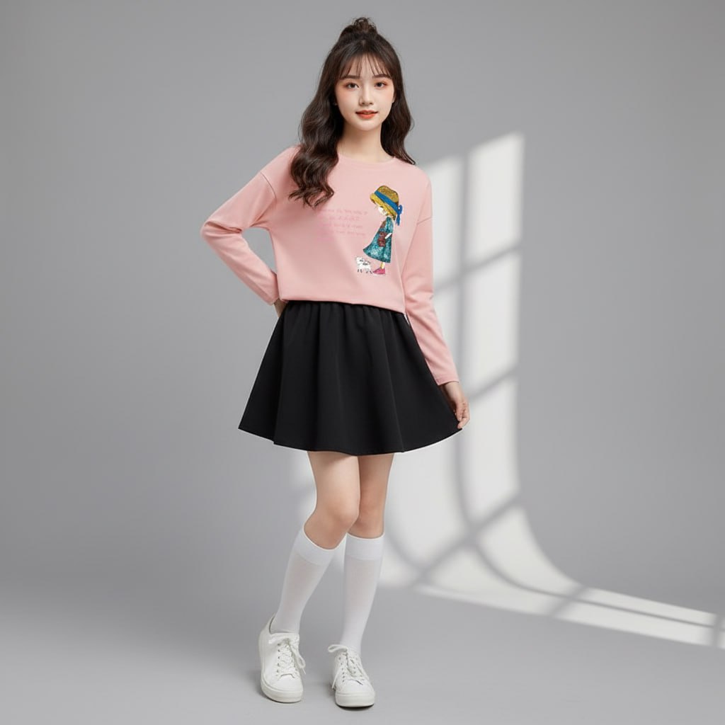 Áo phông dài tay hình cô gái cho bé gái size đại BEESHOP D25037