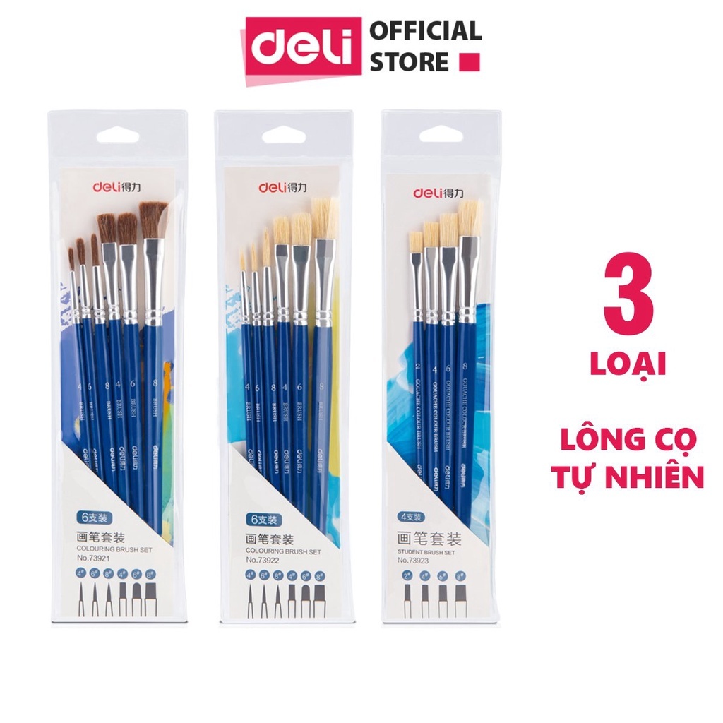 Deli Bộ Cọ Vẽ Màu Nước 4/6 Cây, Lông Tổng Hợp Mềm, Thân Gỗ  Dùng Cho Màu Nước, Màu Bột & Sơn Acrylic