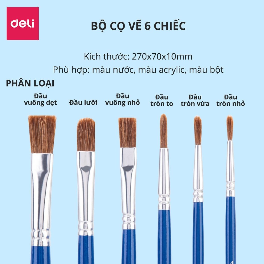 Deli Bộ Cọ Vẽ Màu Nước 4/6 Cây, Lông Tổng Hợp Mềm, Thân Gỗ  Dùng Cho Màu Nước, Màu Bột & Sơn Acrylic
