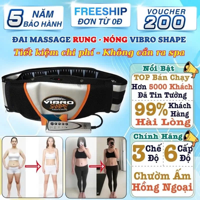 Đai Massage Tập Bụng Rung Nóng Giảm Mỡ Nhanh, Máy Mát Xa Đốt Mỡ Toàn Thân Bắp Tay Chân VibroShape
