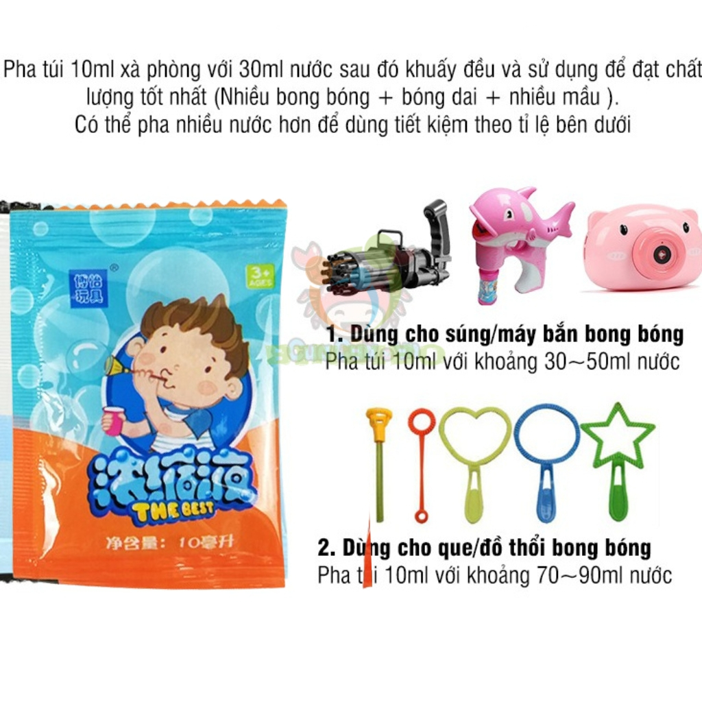 (Combo xà phòng10 gói) Nước thổi bong bóng, Nước pha bong bóng xà phòng cho đồ chơi cho bé gói 10 ml