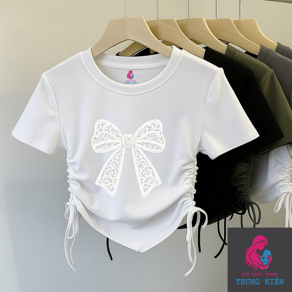 Áo Thun Bé Gái Hình Nơ Kẹp Trắng – Kiểu Rút Dây Vạt Chéo Ngắn Tay, Vải Cotton Mềm Mịn (M 305)