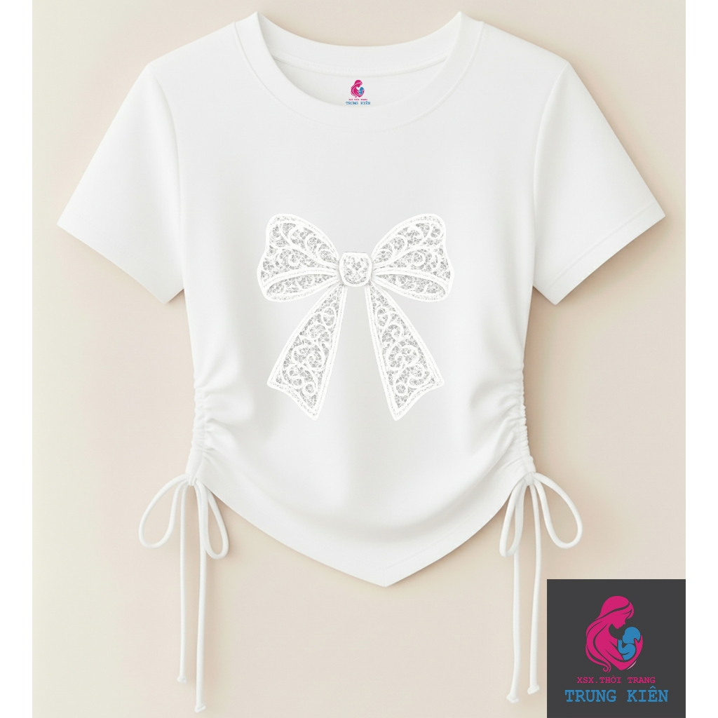 Áo Thun Bé Gái Hình Nơ Kẹp Trắng – Kiểu Rút Dây Vạt Chéo Ngắn Tay, Vải Cotton Mềm Mịn (M 305)