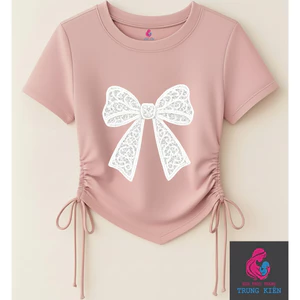 Áo Thun Bé Gái Hình Nơ Kẹp Trắng – Kiểu Rút Dây Vạt Chéo Ngắn Tay, Vải Cotton Mềm Mịn (M 305)