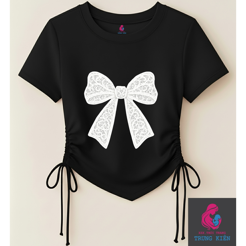 Áo Thun Bé Gái Hình Nơ Kẹp Trắng – Kiểu Rút Dây Vạt Chéo Ngắn Tay, Vải Cotton Mềm Mịn (M 305)