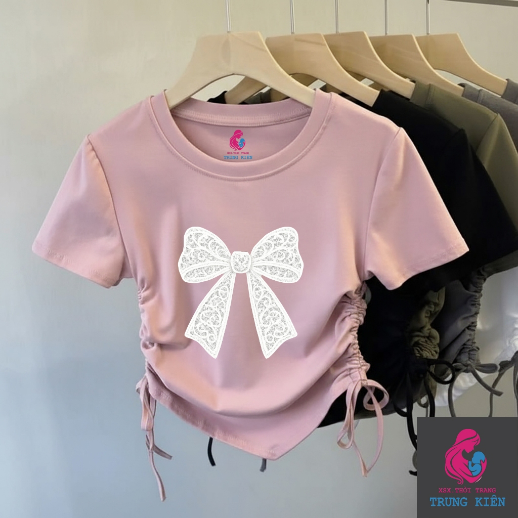 Áo Thun Bé Gái Hình Nơ Kẹp Trắng – Kiểu Rút Dây Vạt Chéo Ngắn Tay, Vải Cotton Mềm Mịn (M 305)