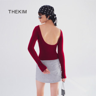 THEKIM Áo thun nữ dài tay cổ thuyền khoét lưng sâu , áo thun trơn Slim - Fit  chất liệu tăm mịn T358