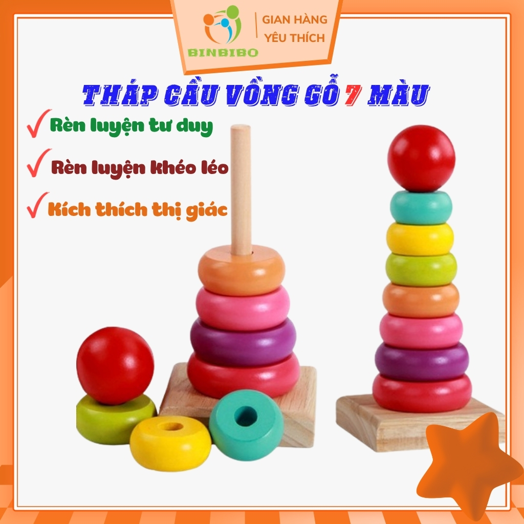 Đồ chơi Tháp cầu vồng thả khối nhiều màu sắc cho bé - Đồ chơi Montessori Binbibo