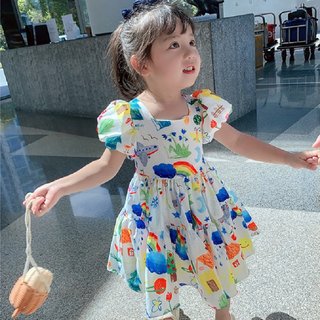Váy Cho Bé Gái, Váy Thiết Kế Tay Bồng Cho Bé Gái Họa Tiết Xinh Xắn Chân Váy Bồng Chất Liệu Cotton
