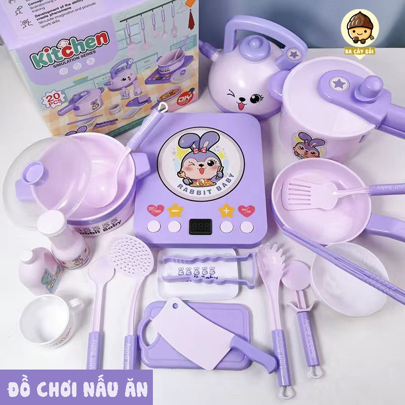 Đồ chơi nấu ăn thỏ tím 20 chi tiết, labubu hồng cho bé có âm thanh hiệu ứng, đồ chơi đầu bếp đồ chơi hướng nghiệp cho bé