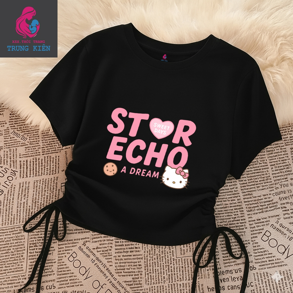 Áo Thun Cộc Tay Cho Bé Gái – Hình Hello Kity Echo Cute, Rút Dây Vạt Vuông Cotton Êm Ái (M 303)