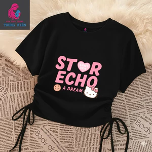 Áo Thun Cộc Tay Cho Bé Gái – Hình Hello Kity Echo Cute, Rút Dây Vạt Vuông Cotton Êm Ái (M 303)