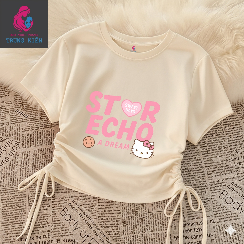 Áo Thun Cộc Tay Cho Bé Gái – Hình Hello Kity Echo Cute, Rút Dây Vạt Vuông Cotton Êm Ái (M 303)