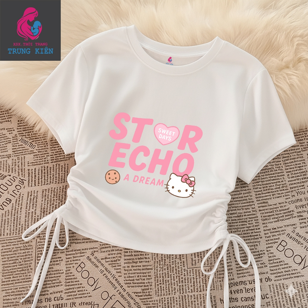Áo Thun Cộc Tay Cho Bé Gái – Hình Hello Kity Echo Cute, Rút Dây Vạt Vuông Cotton Êm Ái (M 303)