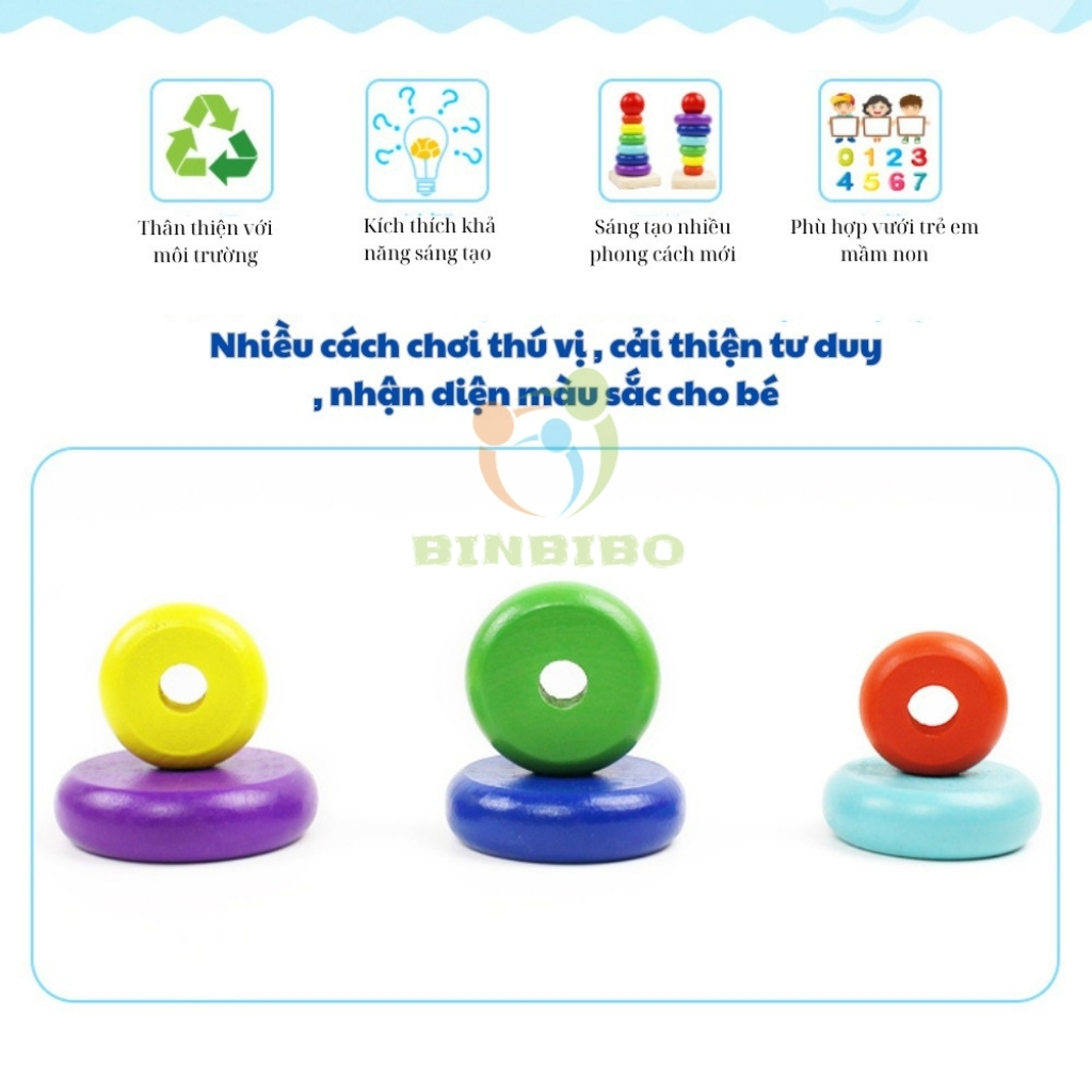 Đồ chơi Tháp cầu vồng thả khối nhiều màu sắc cho bé - Đồ chơi Montessori Binbibo