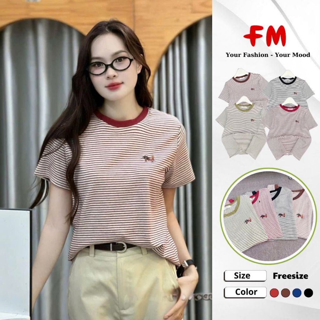 Áo Thun Nữ Kẻ Sọc Thêu Mèo Freesize FMSTYLE SHOP– Chất Cotton Mềm, Form Trẻ Trung Năng Động 26040597