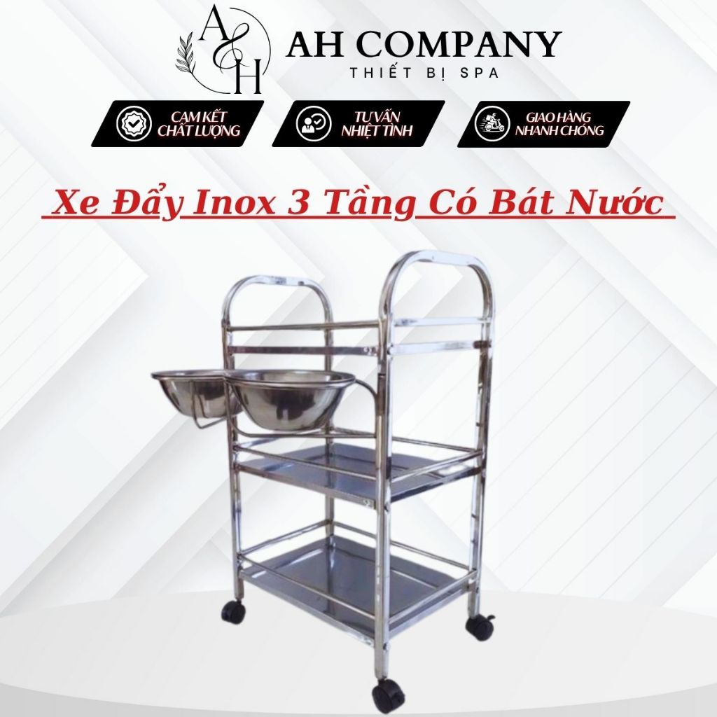 Xe Đẩy Inox 3 Tầng Kèm 2 Bát Đựng Nước Sử Dụng Dễ Dàng Tiện Lợi