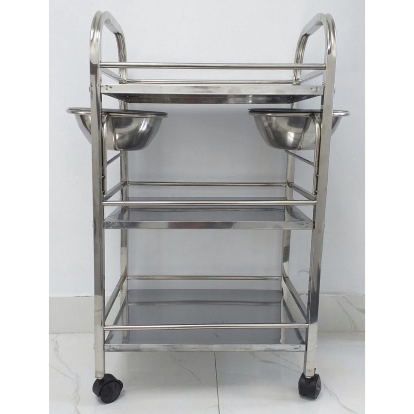 Xe Đẩy Inox 3 Tầng Kèm 2 Bát Đựng Nước Sử Dụng Dễ Dàng Tiện Lợi