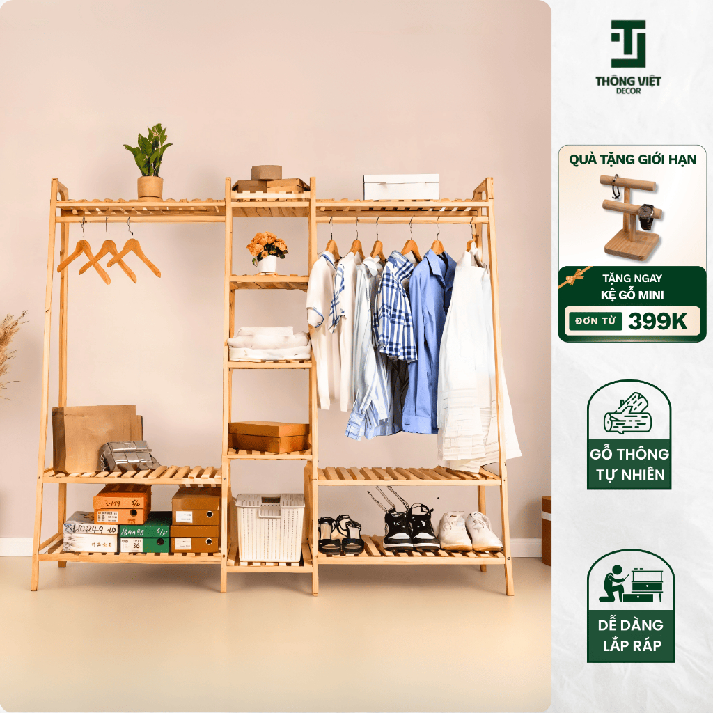 Kệ Treo Quần Áo Gỗ Thông, Tủ Treo Quần Áo Vát 3 Ngăn Size To Nhỏ Chống Mối Mọt Chịu Lực Tốt Bền Đẹp