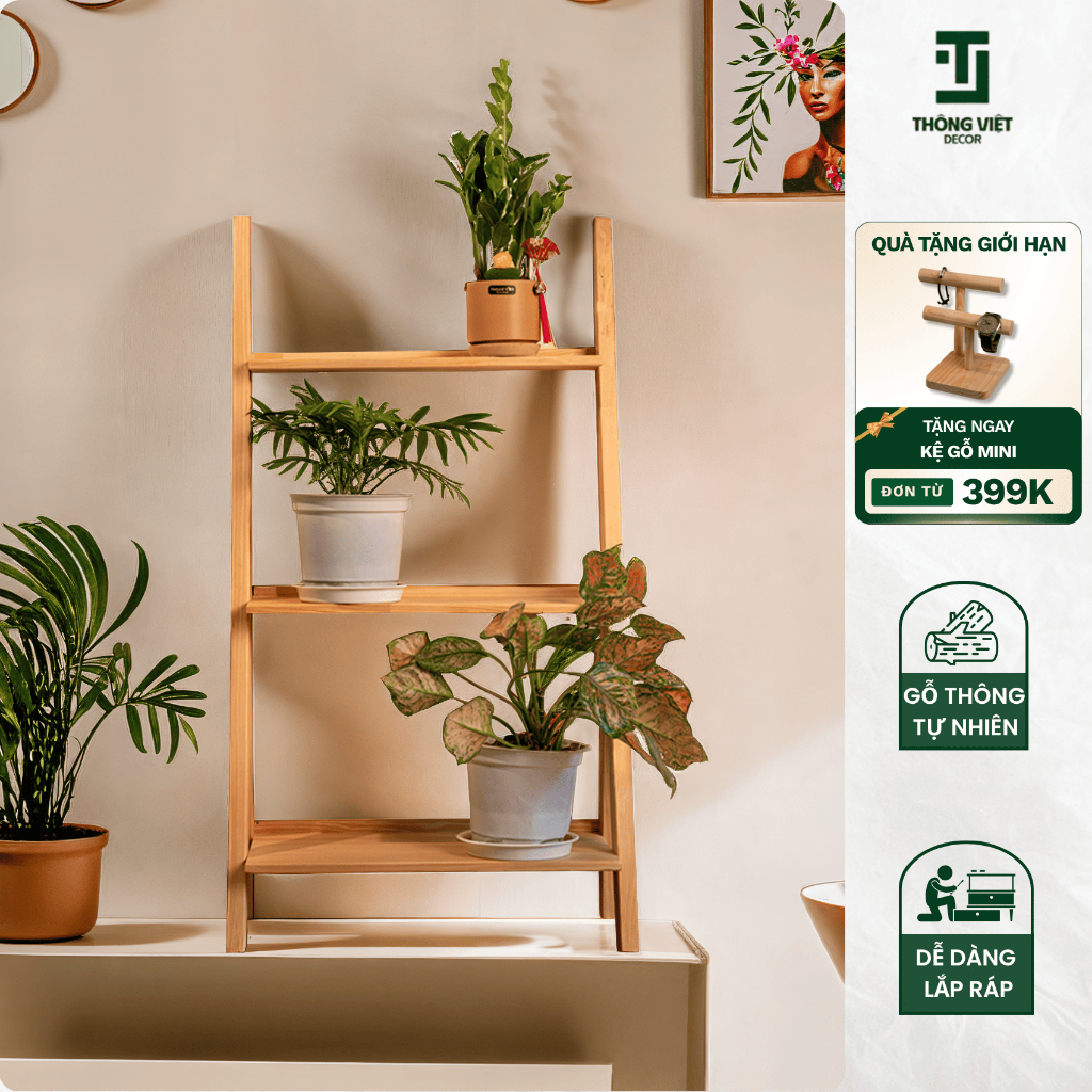 [TV-K007] Kệ Gỗ Decor Cây Cảnh 3 Tầng, Giá Trưng Bày Tiểu Cảnh Mini Trang Trí Ban Công Sân Vườn
