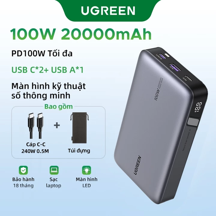 【Pin Sạc Dự Phòng Có Thể Đặt Hàng】Sạc dự phòng UGREEN 20000mAh 100W, Bộ sạc di động Nexode USB C 3 cổng PD Bộ pin sạc