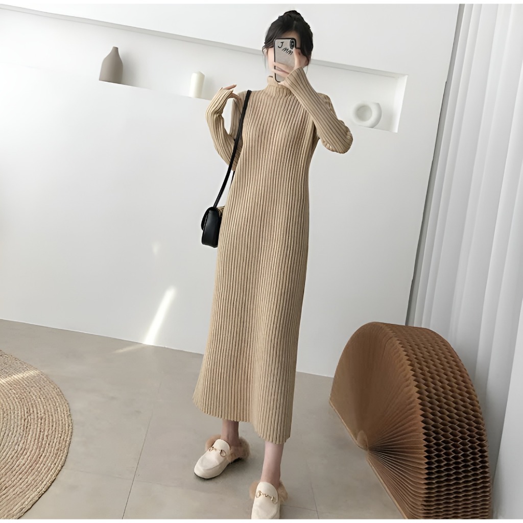 Váy len cổ 3p dài tay dáng suông dài Đầm cao cổ chất len gân to bầu dáng rộng thu đông ấm áp T606G