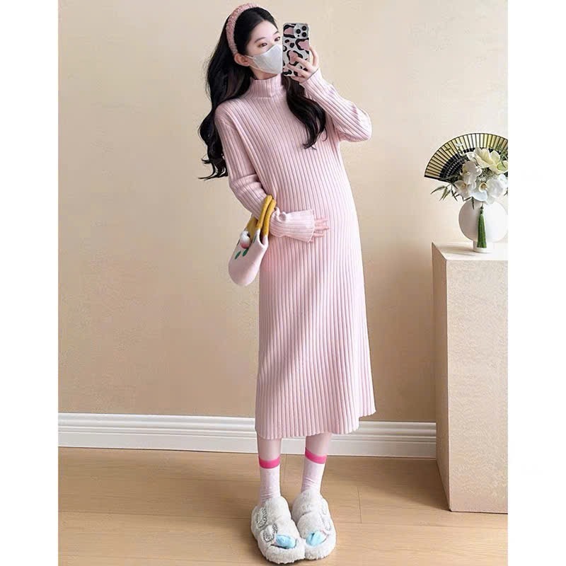 Váy len cổ 3p dài tay dáng suông dài Đầm cao cổ chất len gân to bầu dáng rộng thu đông ấm áp T606G