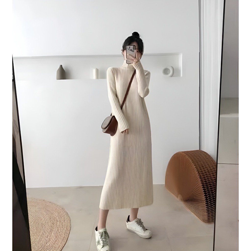 Váy len cổ 3p dài tay dáng suông dài Đầm cao cổ chất len gân to bầu dáng rộng thu đông ấm áp T606G