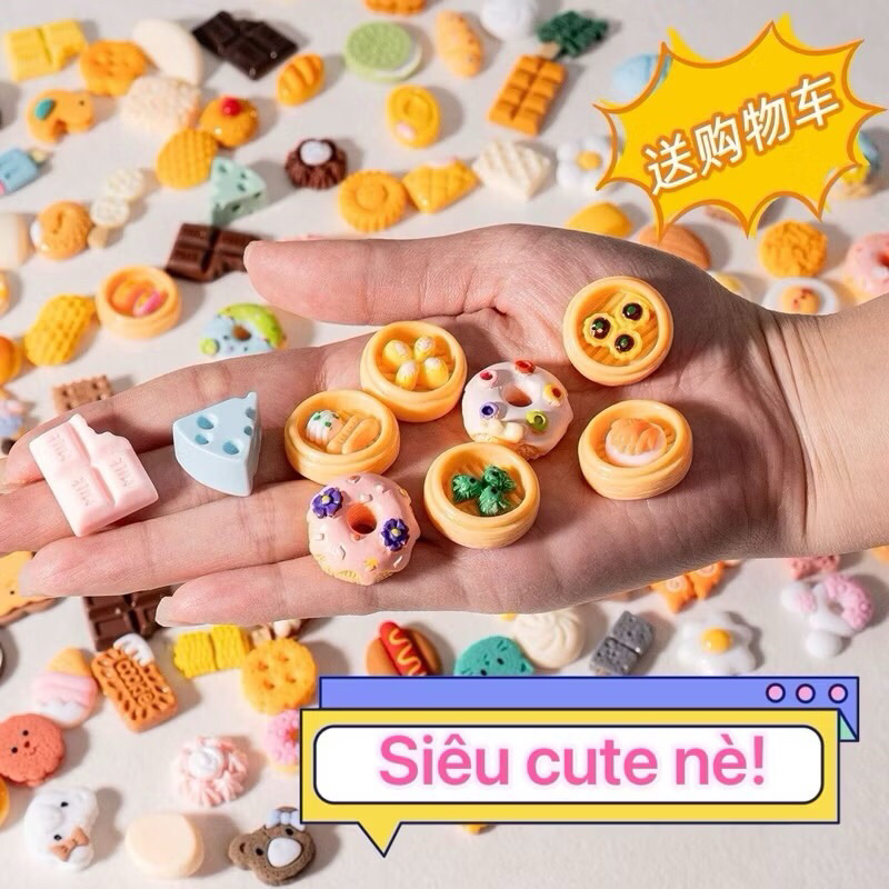 Combo 50 Charm Đồ Ăn Túi Mù Đồ Ăn và Mô Hình Chai Nước mini Không Trùng Lặp Các Mẫu DIY Thủ Công HandMade Nhà Búp Bê