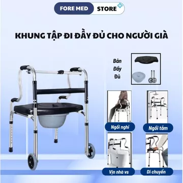 Khung Tập Đi, dụng cụ tập đi bộ, Xe Tập Đi Kết Hợp Ghế Ngồi Kèm Bô Cho Người Già, Người Tai Biến Phục Hồi Tại Nhà