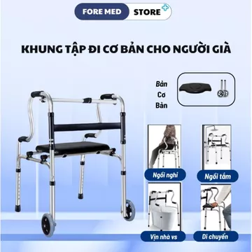 Khung tập đi cho người già,dụng cụ tập đi bộ, Khung tập đi cho người tai biến có ghế ngồi da, có bánh xe