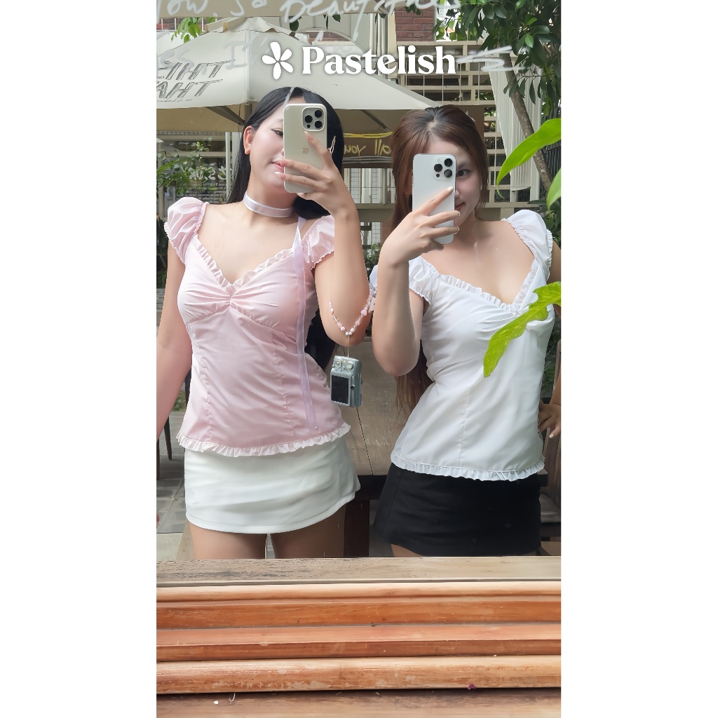 [DEAL MỞ BÁN] Áo BAMBI kiểu nữ nhún ngực phối bèo cổ tim lưn chun dây buộc eo - Pastelish