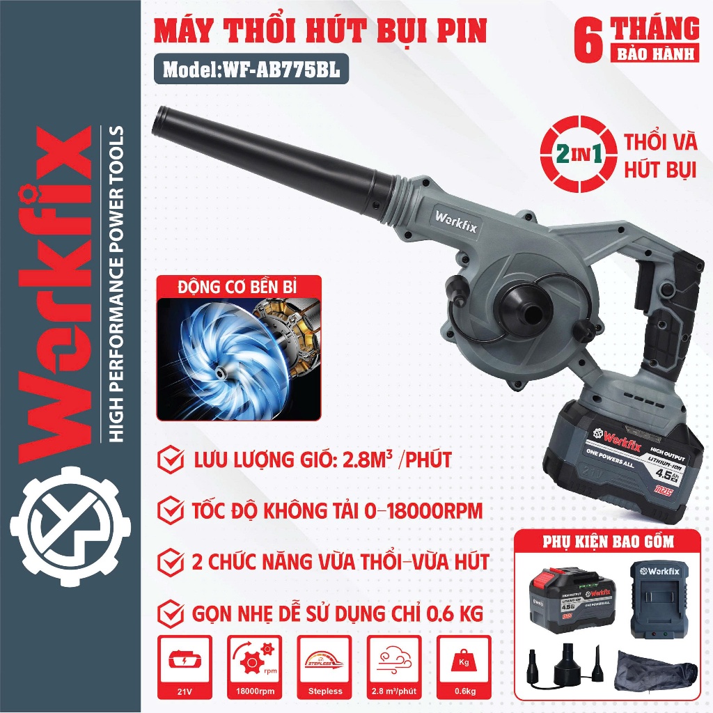 Máy thổi hút bụi pin WORKFIX WF-AB775BL, Động cơ Không chổi than, 2 chức năng