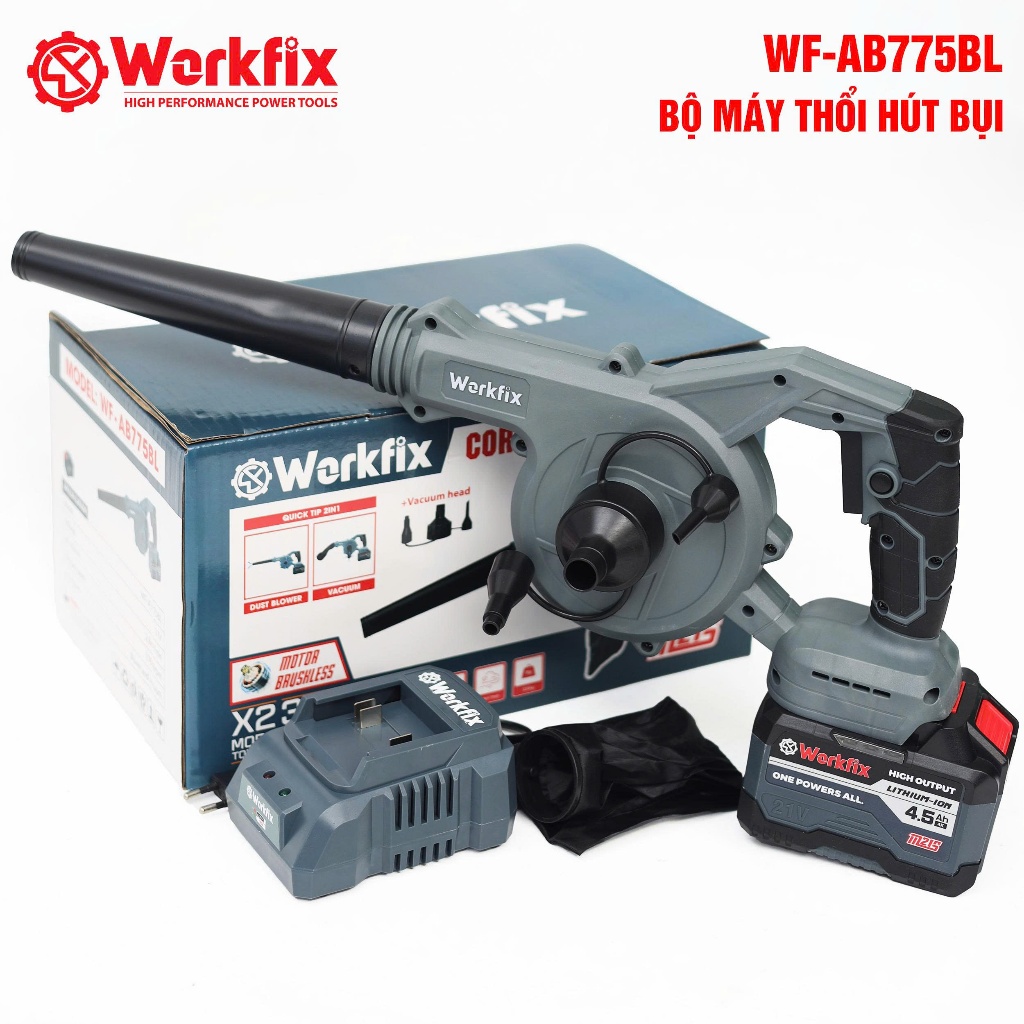 Máy thổi hút bụi pin WORKFIX WF-AB775BL, Động cơ Không chổi than, 2 chức năng